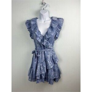 AQUA Light Periwinkle Blue Faux Wrap Ruffle Dress Floral Embossed Size XS